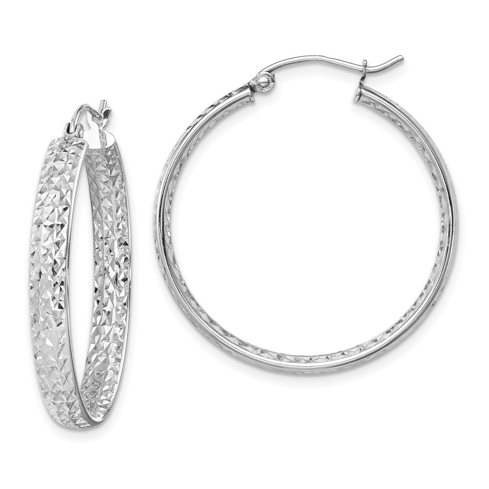 14k White Gold Diamond-Cut In/Out Hoop Earrings L X 3.8 Mm W